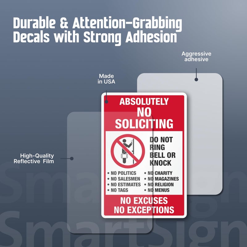 SmartSign Absolutely No Soliciting Stickers, No Excuses No Exceptions Do Not Ring Bell Knock Decals Set, Pack of 3, One 3.75"x5.5" & Two 2.75"x4", Made in USA - Image 2